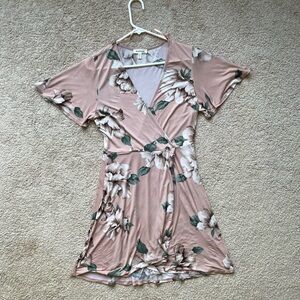 Monteau Women’s Floral Wrap Dress L Pink Short Sleeve Tie Waist